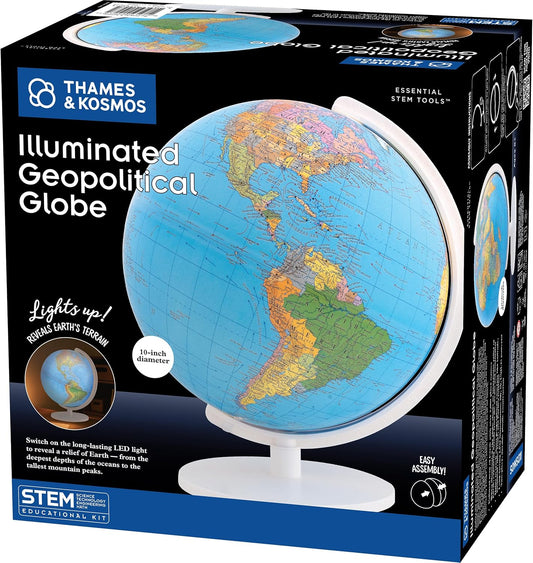 The Thames & Kosmos Illuminated Geopolitical Globe Essential STEM Tool | 10” diameter with Durable Stand, Political Map with Locations, Geological Features, Educational Gift for Ages 6+, USB-C Powered