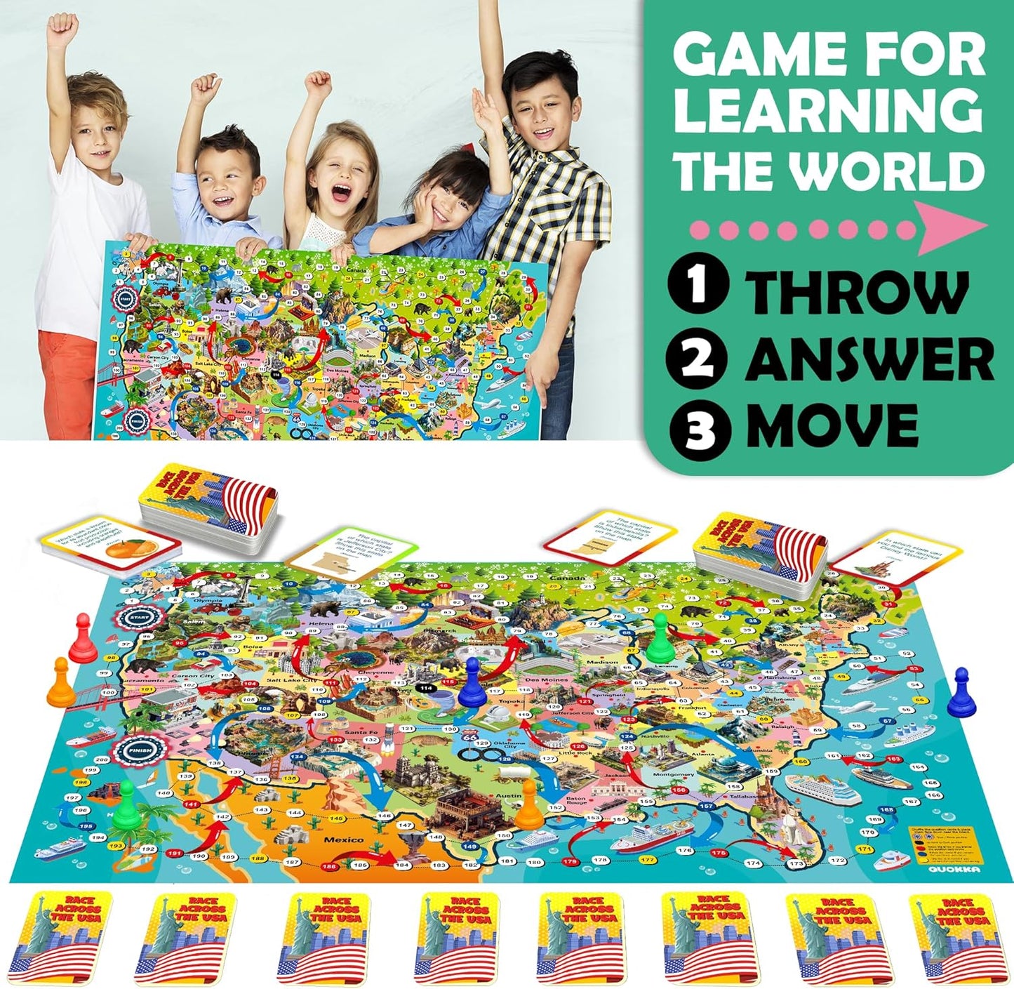 QUOKKA Board Games for Kids 8-12 - Family Games for Kids and Adults - Journey Across the World Card Game Ages 5-9 - Learn Capitals, Flags, Facts, and Map Locations with 195 World Map Cards
