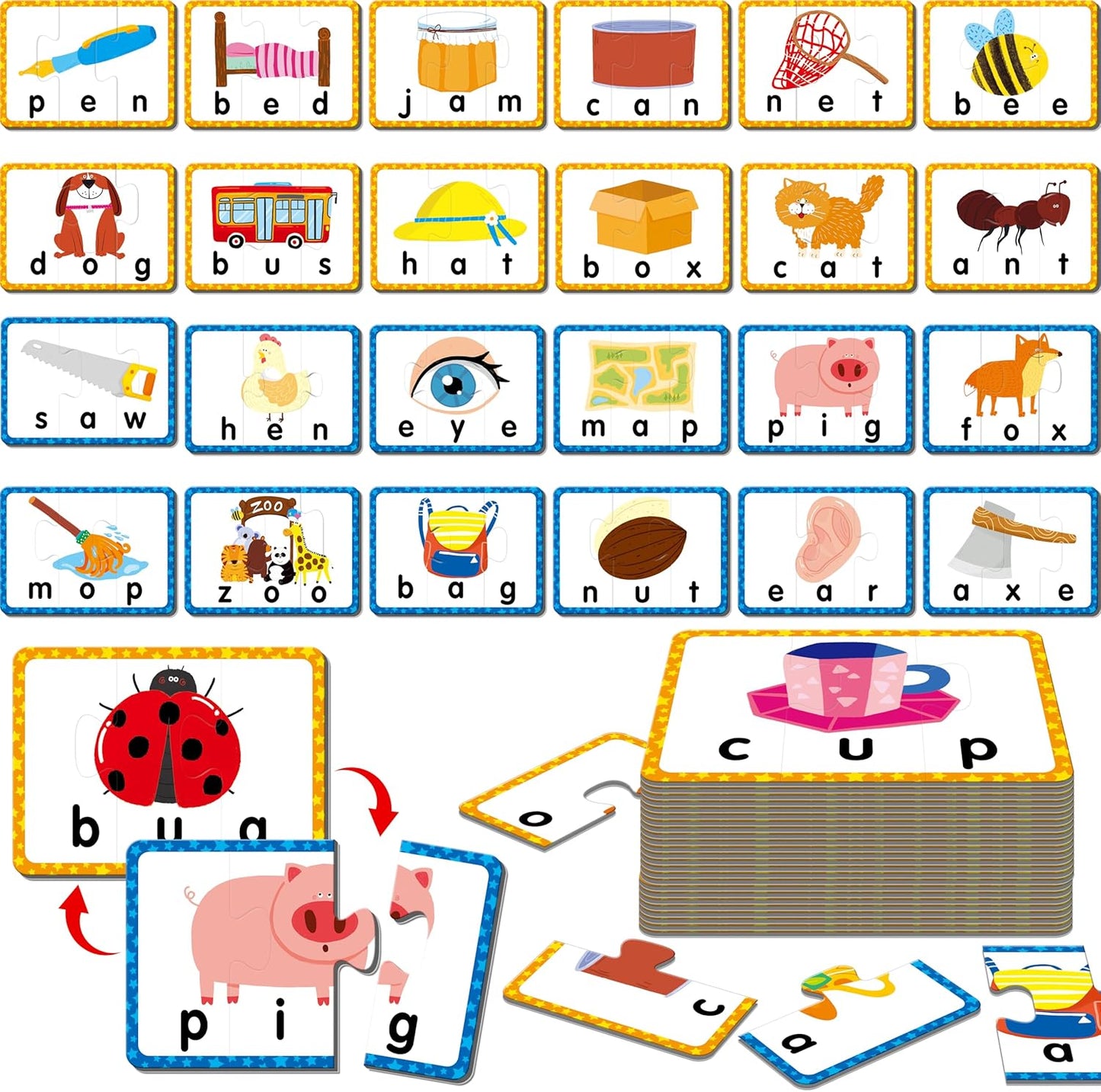 72 Word Spelling Puzzles with Error-Correction Mechanism in 3 Pieces, Perfect for Preschool Learning (36 Block Double Sided)