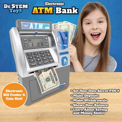 Dr. STEM Toys - Kids ATM Savings Bank – Electronic Piggy Bank with Bill Feeder, Coin Counter, and LCD – Educational STEM Toy for Children 5-12