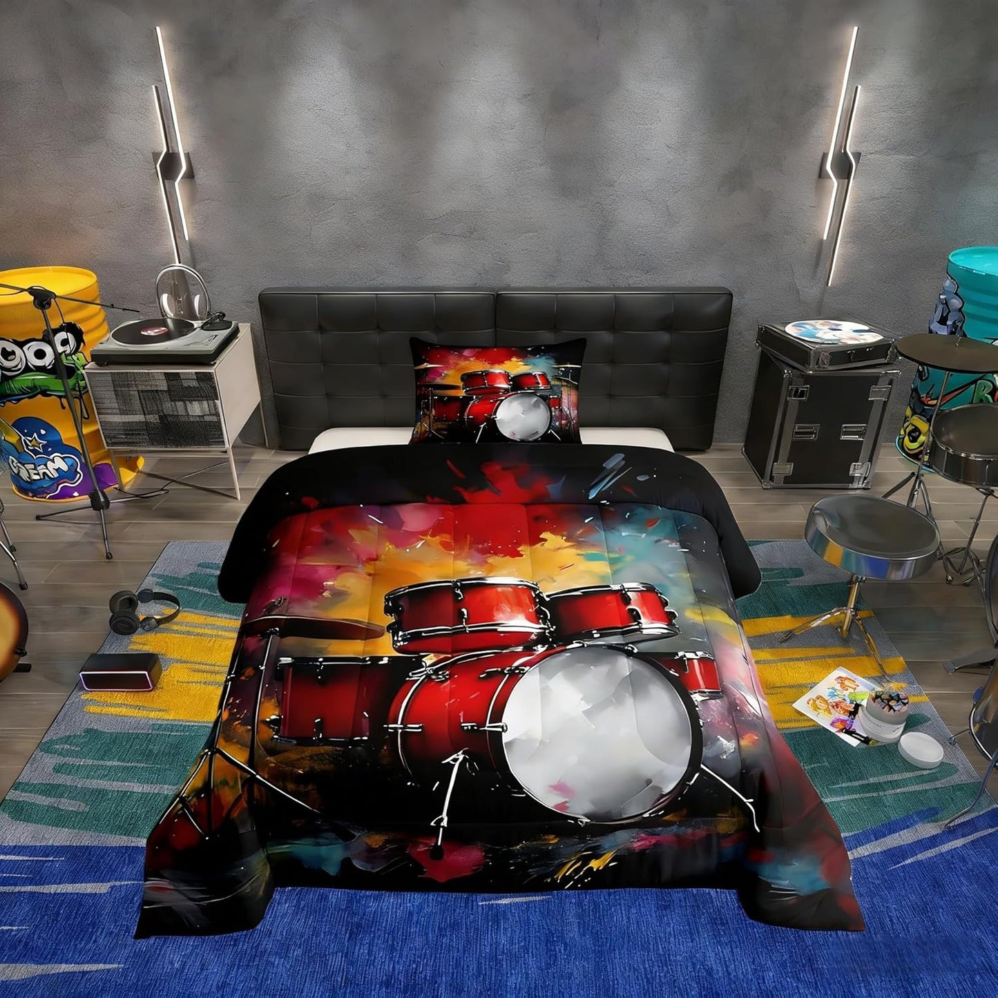 Erosebridal Drum Kit 3D Print Kids Comforter Sets Rock Music Themed Full Bedding Set for Boys Girls Musical Pattern Comforter Set,Colorful Retro Style Quilt Duvet 3 Pcs