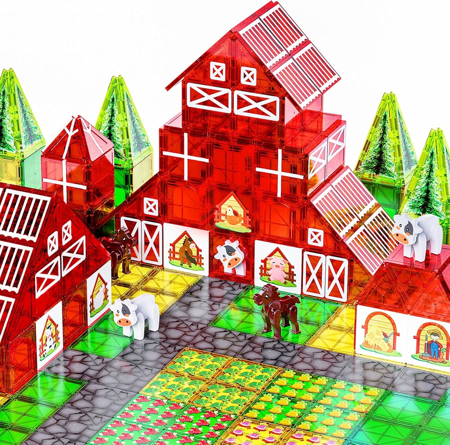 SKTMYY Magnetic Tiles Construction Toys with Road & Crane & Marble Run, Double-Sided Fire Station & Building Magnet Tiles for Kids Ages 4-8, STEM Magnetic Blocks Gifts for 3 4 5 6 7 8 Year Old Boys