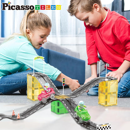 PicassoTiles 50pc Racecar Track Magnetic Tiles Educational Kids Toy with 2 Light Up Trucks STEM Preschool Learning Magnet Tile Toddler Toys Boys Girls Ages 3+ Blocks Game Puzzles Build Playset PTR50