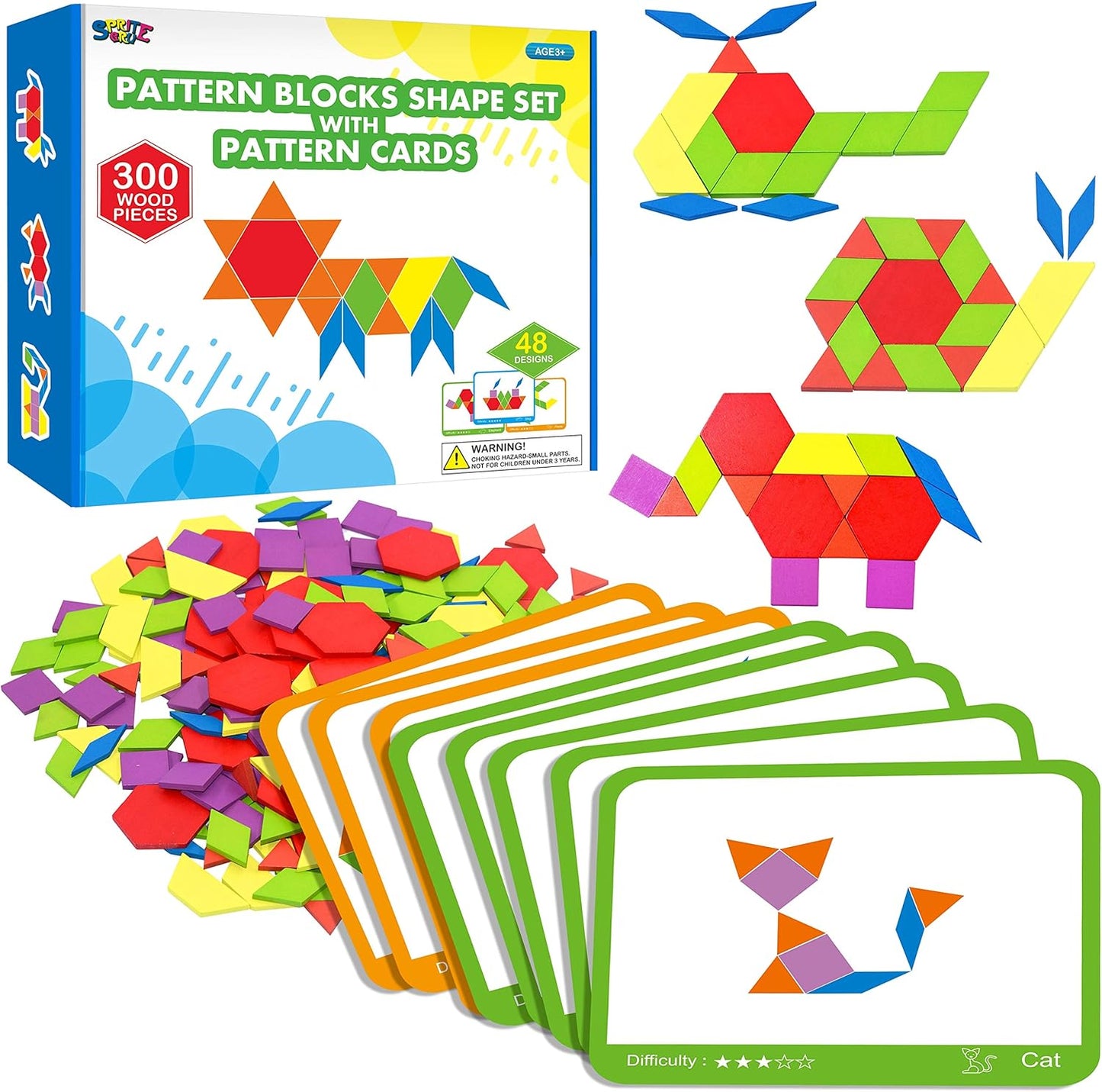 215 PCS Wooden Pattern Blocks Set, 24 Double-Sided Design Cards Pattern Building Shapes Educational Geometric Shape Puzzle Fun Tangram Montessori Learning Toys for Kids Ages 4-8 (A Storage Bag)