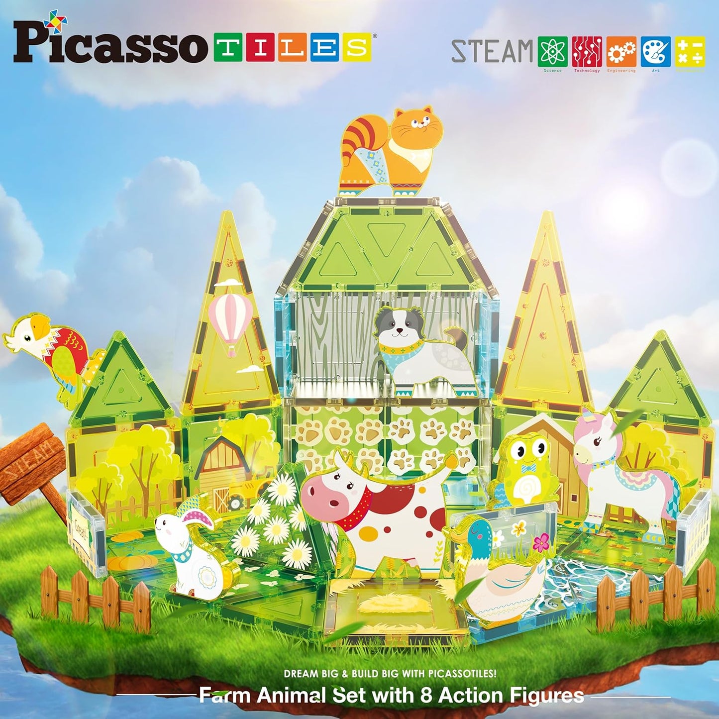 PicassoTiles Magnet Tiles Magnetic Building Blocks Aquarium Marine Animal Theme Set with 8 Character Action Figures Shark Crab Turtle STEM Toys Construction Preschool Toddlers Kids Boys Girls 3+ PTQ15