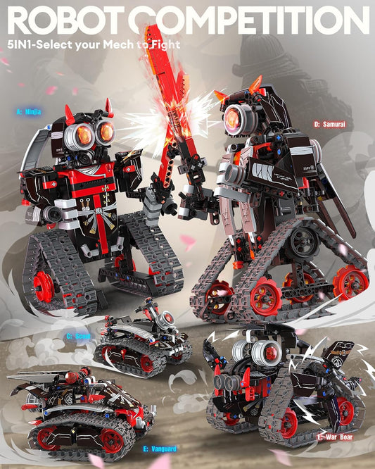 Opmind 5 in 1 STEM RC Robot Building Kit, APP & Remote Control Samurai/Ninja Blocks 443 Pcs, Erector Set RC Toy for Kids, DIY Build Science Educational Gift for Age 6 7 8 9 10 11 12+ Boys & Girls