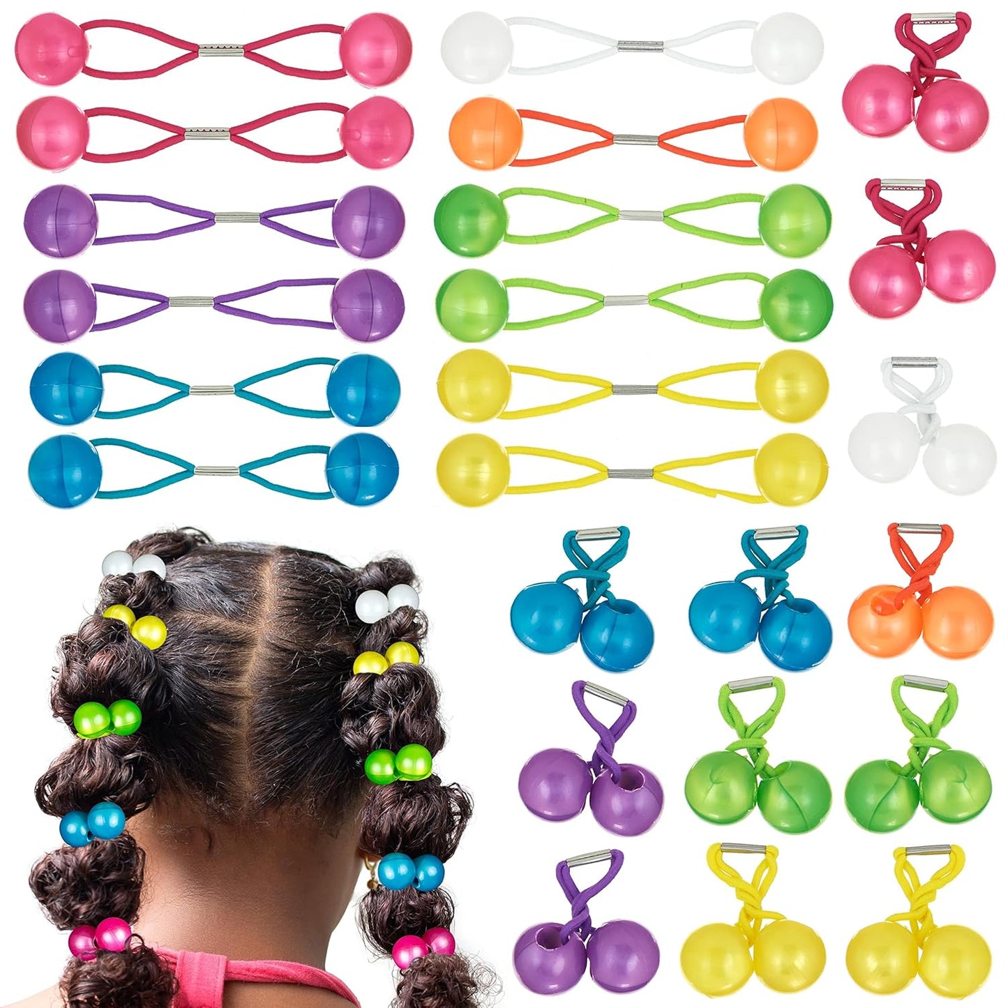 20pc Ponytailers Balls Elastics 18mm Round Opaque Multicolored Twin Beads Bauble Holders Toddler Kids Braiding Styling
