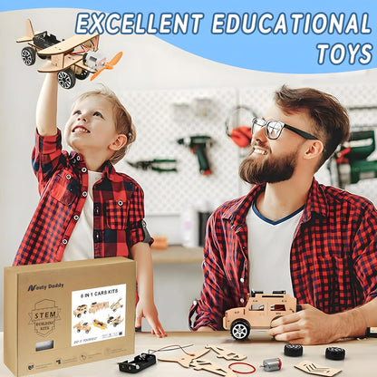 STEM Toys for Kids 8-14, 6-in-1 Wooden Model Car Building Kits with Solar Helicopter & Wind Car - Engineering Kits for Boys & Girls Birthday Gifts
