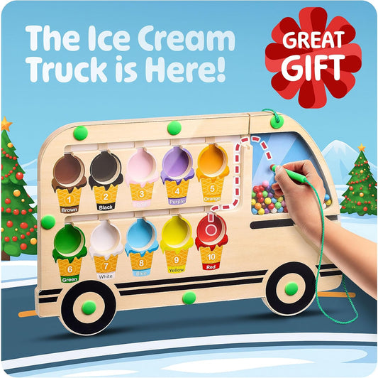 Large & Fun Ice Cream Truck Magnetic Color & Number Maze Adventure Toy - For Toddlers and Kids - Montessori Puzzle Board for 1-10 Counting and 10 Color Matching/Sorting - Improve Child's Motor Skills