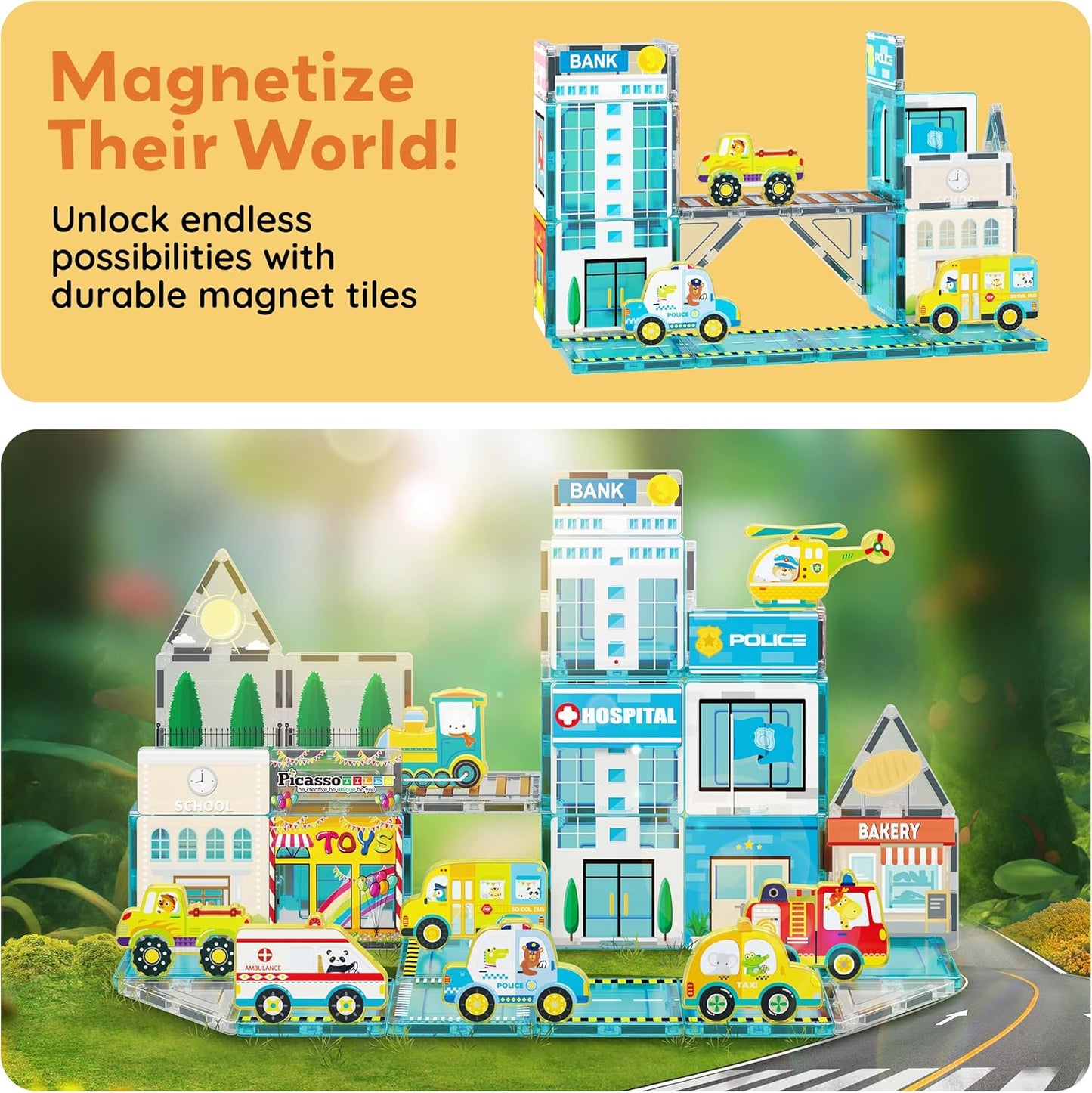 PicassoTiles Magnet Tiles Magnetic Building Blocks Aquarium Marine Animal Theme Set with 8 Character Action Figures Shark Crab Turtle STEM Toys Construction Preschool Toddlers Kids Boys Girls 3+ PTQ15