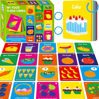50 PCS Kid First Cognitive Flashcards,Double Sided Printed 7 in 1 Colorful Cards Alphabet,Numbers, Foods,Animals,Shapes,Colors with 3 Reclosable Rings,Learning Tool for Pre-K Kindergarten Toddlers