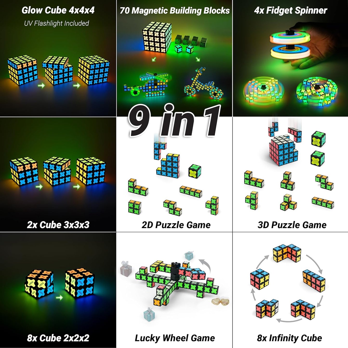 TOSY Magnet Cube 2x2 - 8 Blocks, 2in1 Toy: 2x2x2 Puzzle Cube and Customizable Infinity Cube, Easter Basket Stuffers Gifts for Kids/Grandkids, Glowing w/ UV Flashlight, STEM Toy, 2-Pack