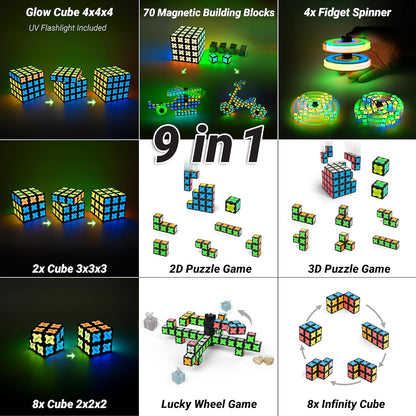 TOSY Magnet Cube 2x2 - 8 Blocks, 2in1 Toy: 2x2x2 Puzzle Cube and Customizable Infinity Cube, Easter Basket Stuffers Gifts for Kids/Grandkids, Glowing w/ UV Flashlight, STEM Toy, 2-Pack