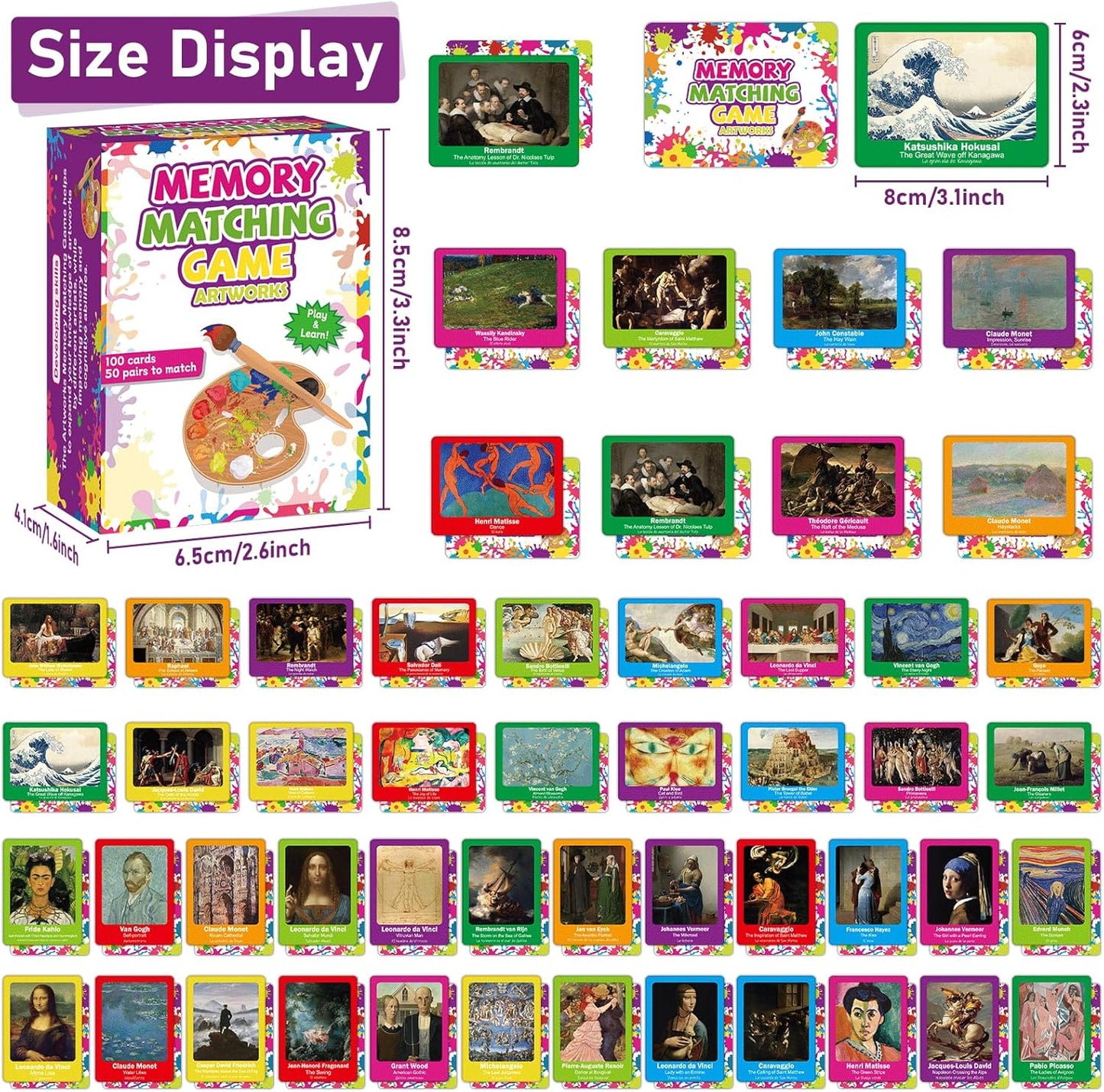 gisgfim 100 PCS Memory Matching Game Famous Paintings Concentration Memory Card for Adults Learning Educational Game A Fun & Fast Artworks Theme Matching Games