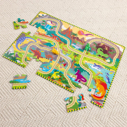 Melissa & Doug Dinosaur Adventure Tracks Cardboard Jigsaw Floor Puzzle and 2 Wind-Up Dinos – 48 Pieces, for Boys and Girls 3+