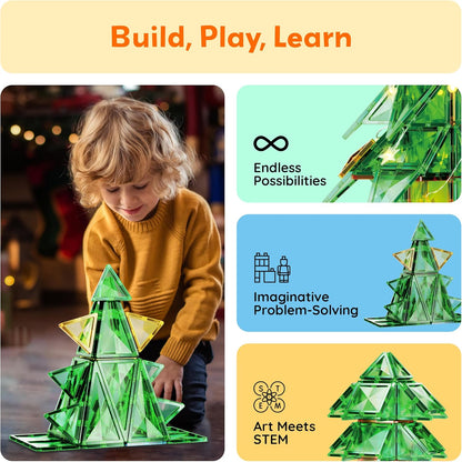 PicassoTiles Magnetic Tile Christmas Holidays Cottage Building Set with Santa Elves Nutcracker 6 Character Figures STEM Educational Construction Toy Winter Magnet Block Gift for Kids Age 3 Plus PTQ08