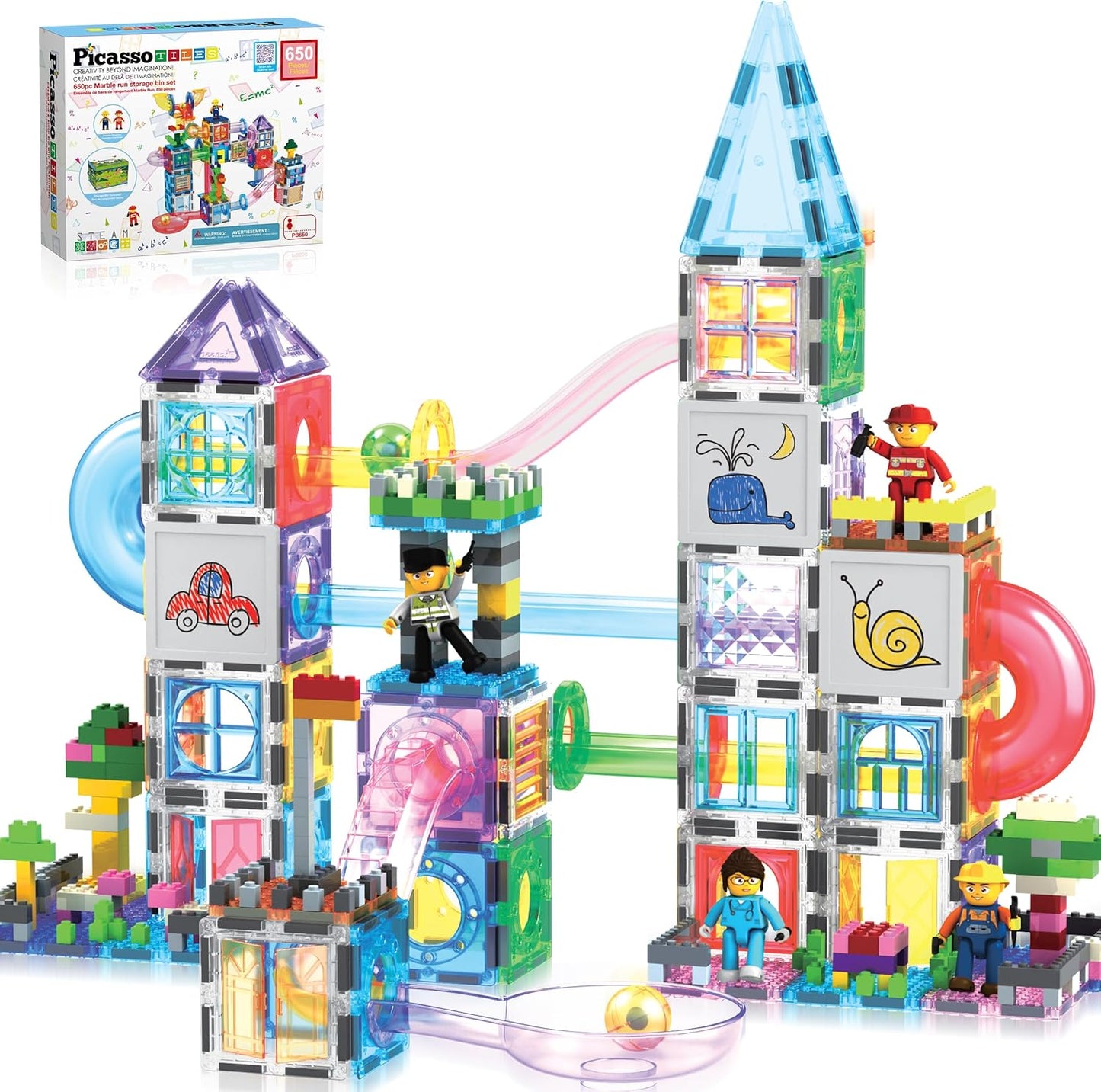PicassoTiles 108pc Magnetic Marble Run Set with Building Tiles Race Track Car Slides Set STEM Learning Toy 3-in-1 Preschool Construction Kit for Indoor Activity and Development for Kids age 3+ PTG108