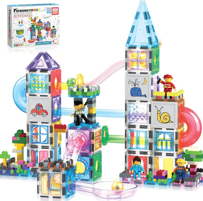 PicassoTiles 108pc Magnetic Marble Run Set with Building Tiles Race Track Car Slides Set STEM Learning Toy 3-in-1 Preschool Construction Kit for Indoor Activity and Development for Kids age 3+ PTG108