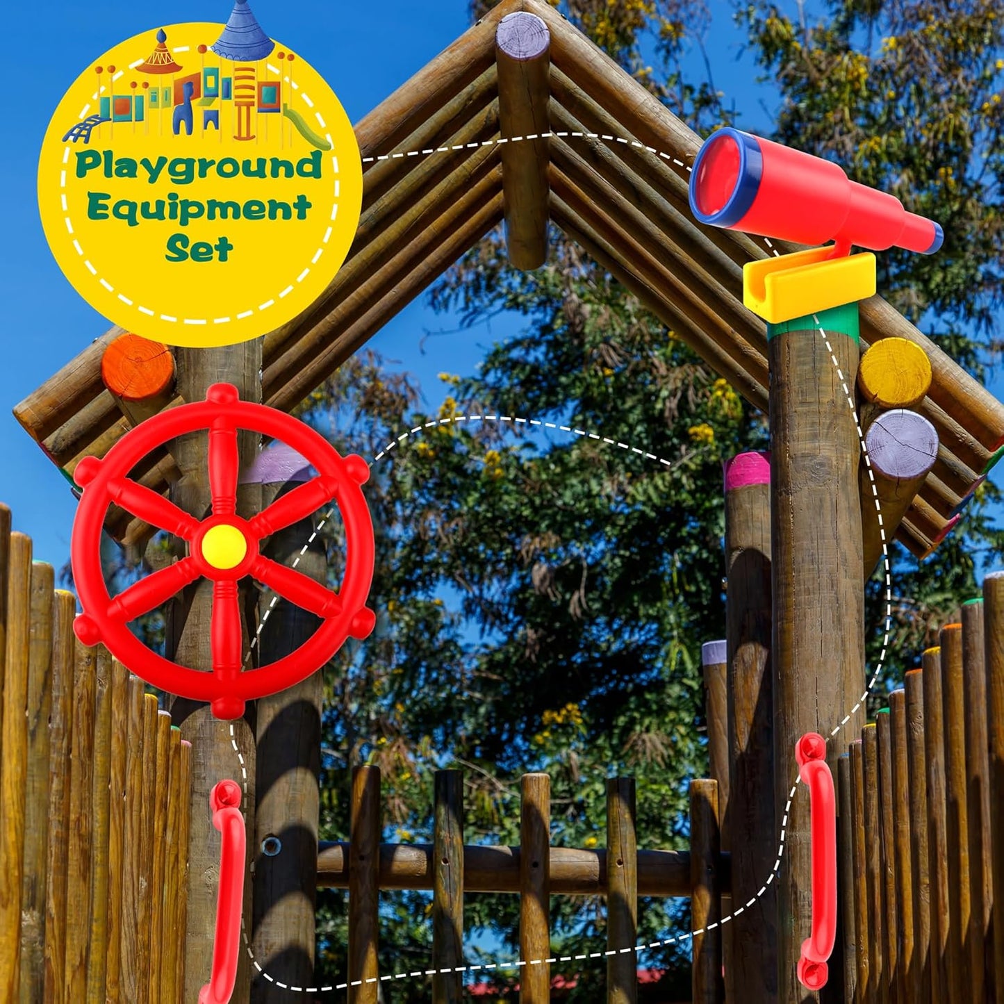 5 Pcs Kids Playground Accessories for Kids Outdoor Plastic Steering Wheel Swingset Phone Pirate Telescope Telephone Safety Handle for Child Backyard Tree House Playhouse Jungle Gym (Yellow Set 1)