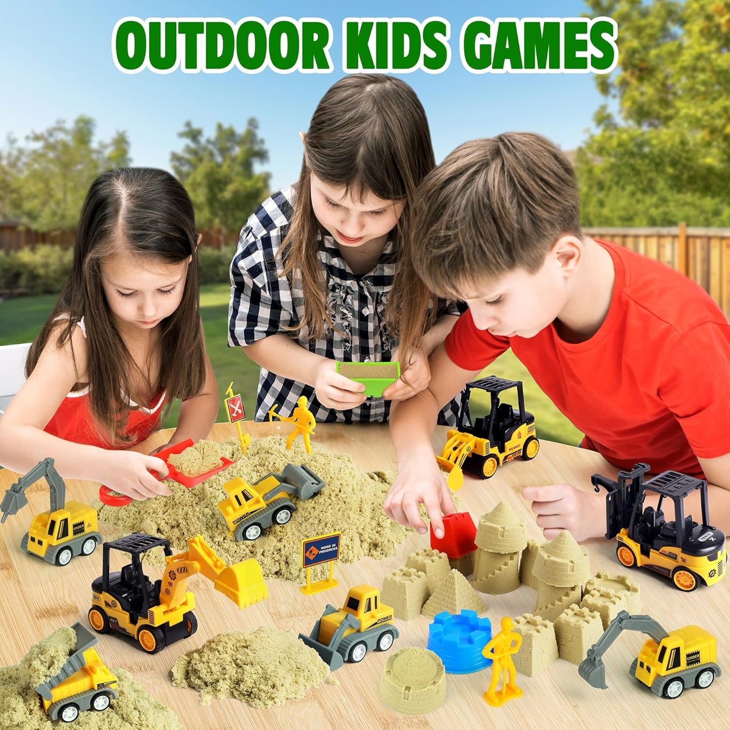 Billeeit Sand Construction Kit with Foldable 15 x 15 in Sand Box, 2.2 lbs Sensory Sand, 8 Trucks, Molds & Tools, Gift for Kids 3+