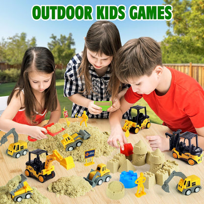 Billeeit Sand Construction Kit with Foldable 15 x 15 in Sand Box, 2.2 lbs Sensory Sand, 8 Trucks, Molds & Tools, Gift for Kids 3+