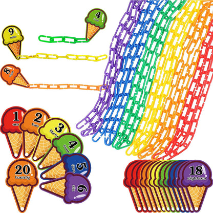 RAINBOW TOYFROG Chain Link Math Manipulatives - 240 C Clips Plastic Chain Links & 20 Ice Cream Cards for Counting & Linked Math Game - Learning Resources for Kindergarten Sensory
