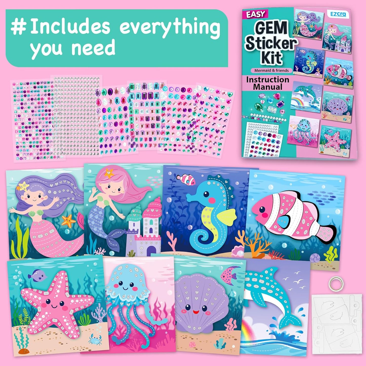 EZCRA Easy Arts and Crafts for Kids - Fun Gem Sticker Kit - 8 Unicorn Princess Themes, 990+ Stickers - Gem Art for Kids - Diamond Art Kits - Gifts for Girls Ages 3-8