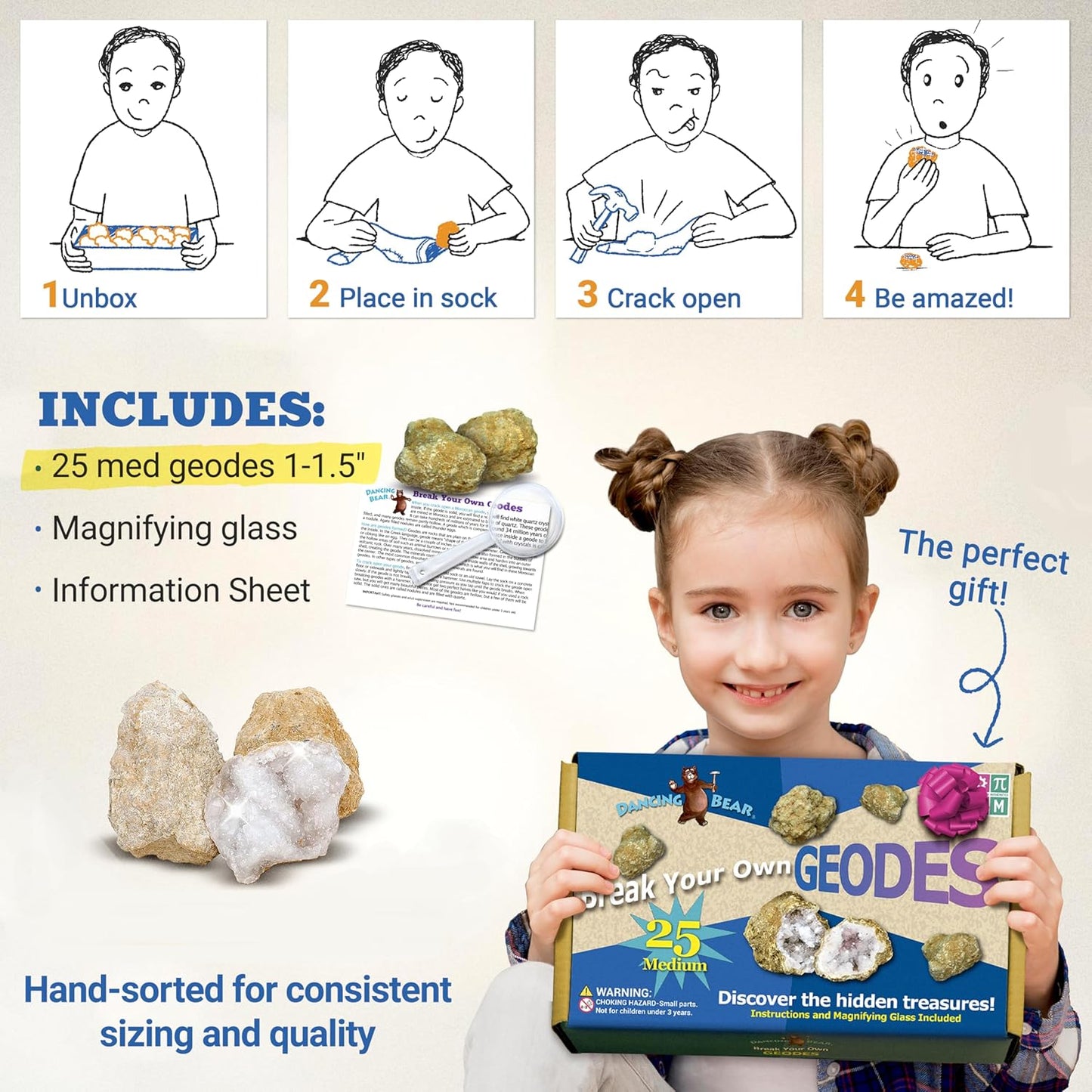 DANCING BEAR 25 Break Your Own Geodes, (Medium 1-1.5") 90% Hollow, Crack Open & Discover Amazing Surprise Crystals Inside! Educational Info and Instructions Included, Fun Party Favors & Prizes