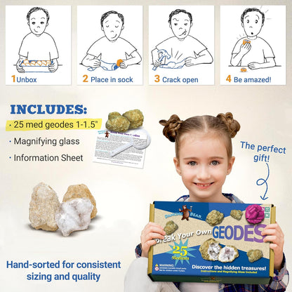 DANCING BEAR 25 Break Your Own Geodes, (Medium 1-1.5") 90% Hollow, Crack Open & Discover Amazing Surprise Crystals Inside! Educational Info and Instructions Included, Fun Party Favors & Prizes