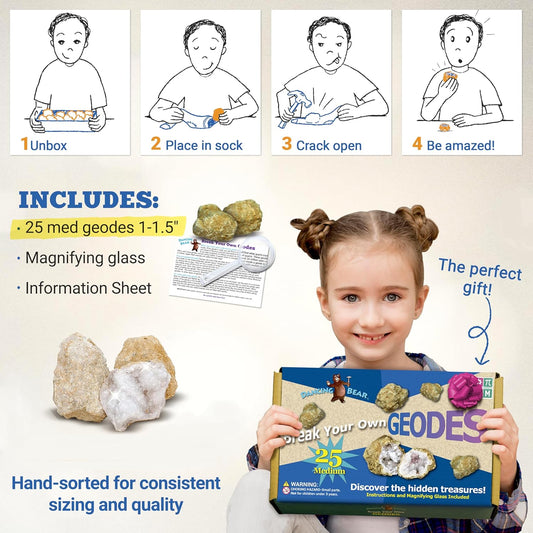 DANCING BEAR 25 Break Your Own Geodes, (Medium 1-1.5") 90% Hollow, Crack Open & Discover Amazing Surprise Crystals Inside! Educational Info and Instructions Included, Fun Party Favors & Prizes