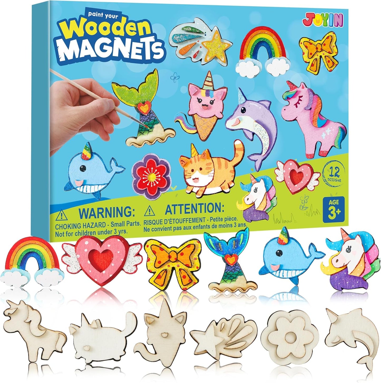 JOYIN 12 Wooden Magnet Creativity Arts & Crafts Painting Kit for Kids, Decorate Your Own Painting Gift for Halloween Crafts, Birthday Parties and Family Crafts, Party Favors for Boys Girls