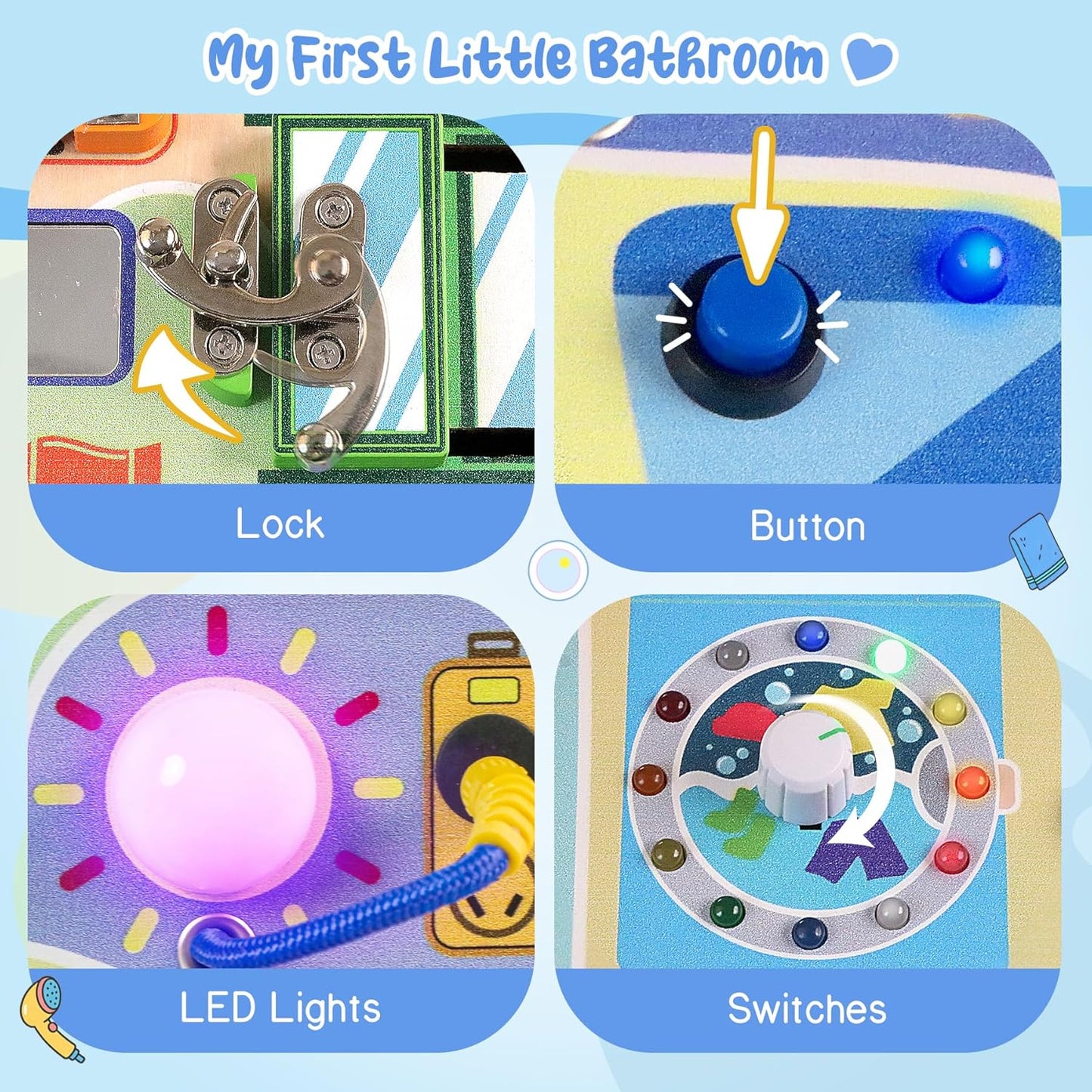 Busy Board Montessori Toys for Toddler 1-3 Year Old, Wooden Sensory Board with LED Light Switches,Bathroom Theme Travel Toys for 1+ Year Old Boy & Girl Birthday Gift