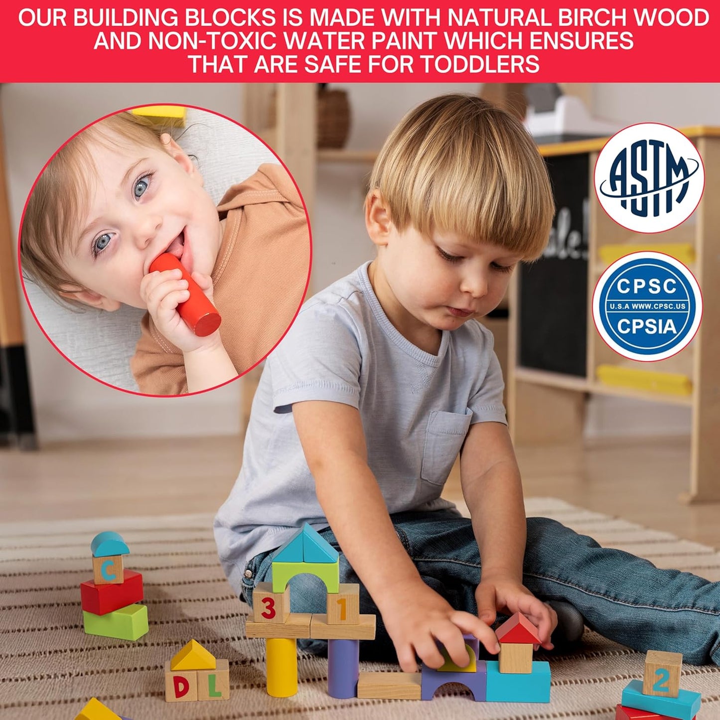 Alphabet Number Wooden Building Blocks Set -100 Blocks in 5 Water Paint Colors and 7 Shapes. Preschool Montessori Kids Baby Toys. Stacking Learning Toys for Toddlers. Age 18 Months +