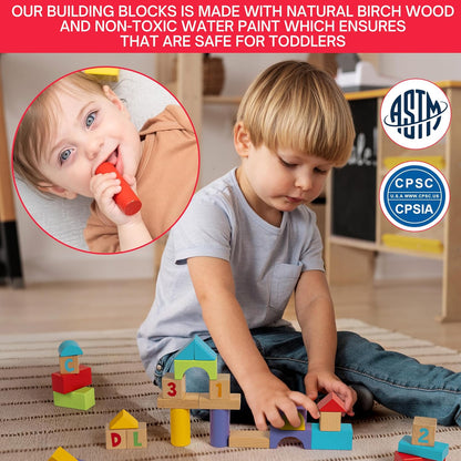 Alphabet Number Wooden Building Blocks Set -100 Blocks in 5 Water Paint Colors and 7 Shapes. Preschool Montessori Kids Baby Toys. Stacking Learning Toys for Toddlers. Age 18 Months +