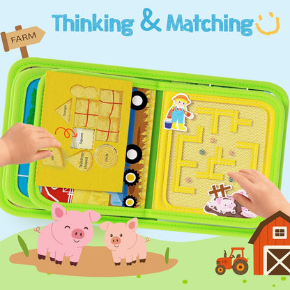 AMOSTING Montessori Busy Book for Toddlers 1-3, Busy Board Activities, Fine Motor Skills & Sensory Play, Farm Quiet Book, Travel Toy for Kids