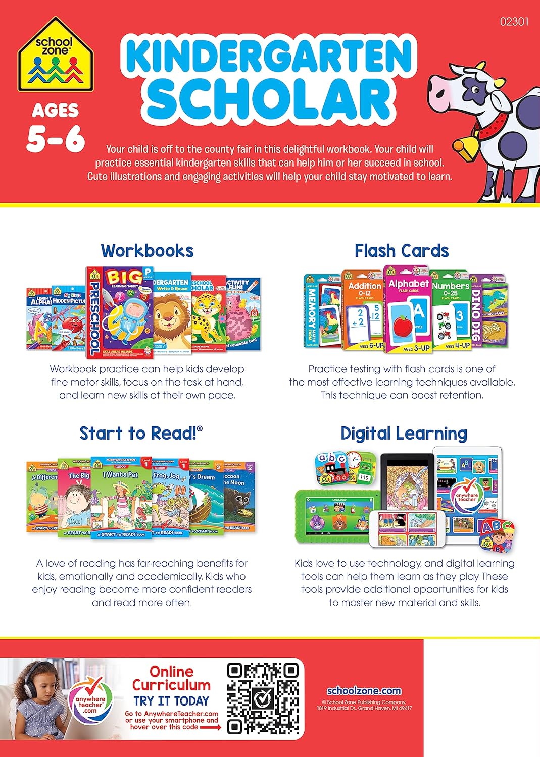 School Zone Kindergarten Scholar Workbook: 64 Pages, Alphabet, Phonics, Shapes, Patterns, Language Arts, Early Math, Counting, Addition & Subtraction, Ages 5 to 6