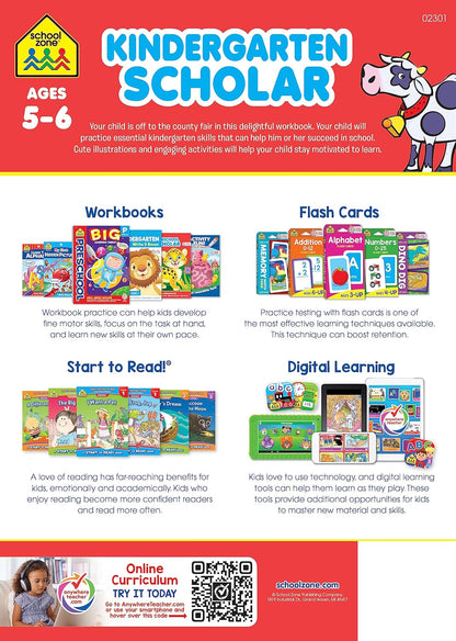 School Zone Kindergarten Scholar Workbook: 64 Pages, Alphabet, Phonics, Shapes, Patterns, Language Arts, Early Math, Counting, Addition & Subtraction, Ages 5 to 6