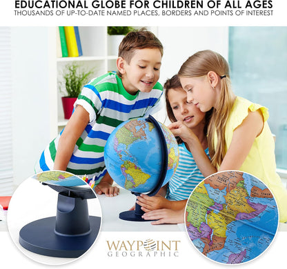 Waypoint Geographic Scout+ Illuminated With Map, World Globe for Kids, Decorative Classroom Globe with Stand, More than 4000 Places, 12” Interactive, Bonus Map Included, Blue