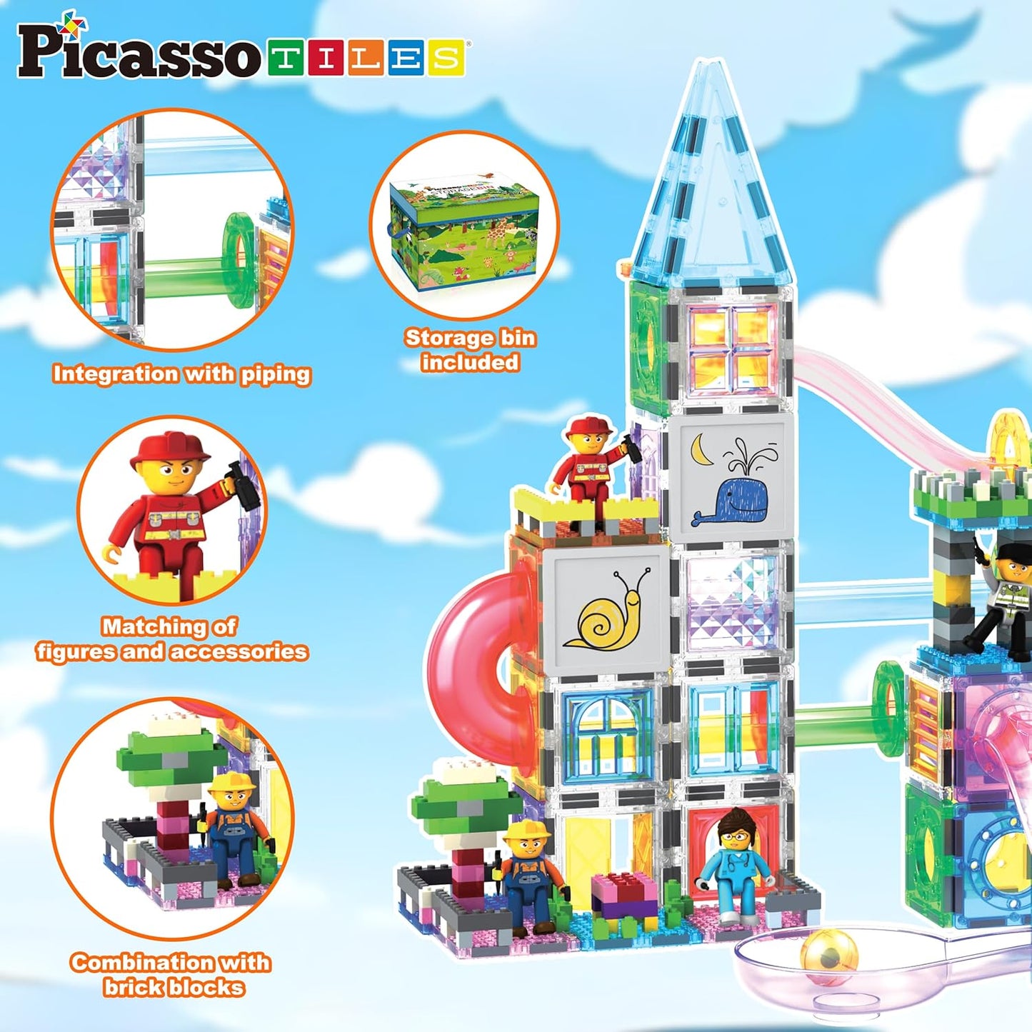 PicassoTiles 108pc Magnetic Marble Run Set with Building Tiles Race Track Car Slides Set STEM Learning Toy 3-in-1 Preschool Construction Kit for Indoor Activity and Development for Kids age 3+ PTG108