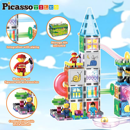 PicassoTiles 108pc Magnetic Marble Run Set with Building Tiles Race Track Car Slides Set STEM Learning Toy 3-in-1 Preschool Construction Kit for Indoor Activity and Development for Kids age 3+ PTG108