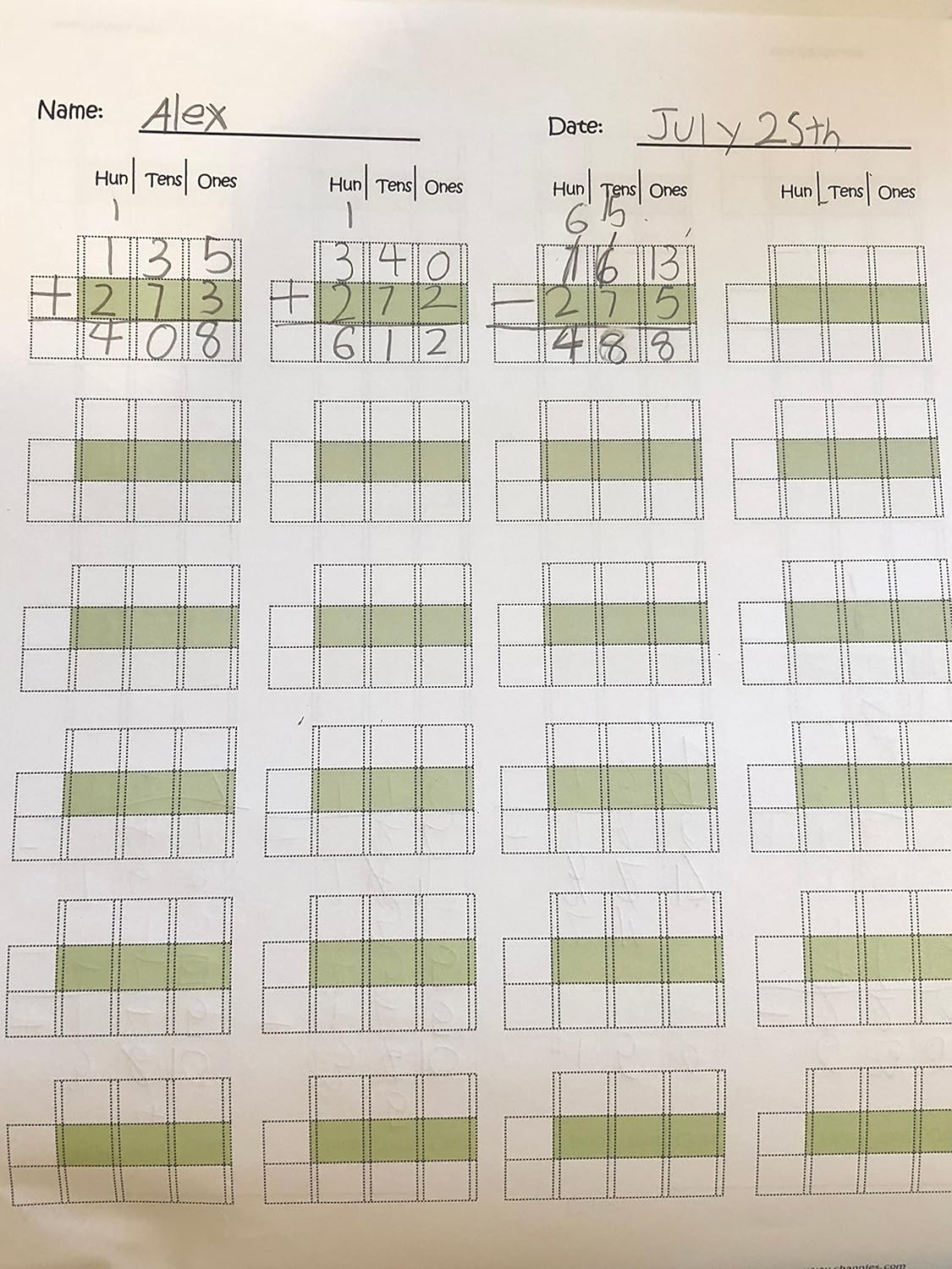 Channie’s Triple Digit Math Line-Up Pad for 3 Digit Addition Subtraction 250 Pages Counted Front & Back, 125 Sheets, Grades 2nd & 3rd, Size 8.5” x 11”