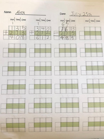 Channie’s Triple Digit Math Line-Up Pad for 3 Digit Addition Subtraction 250 Pages Counted Front & Back, 125 Sheets, Grades 2nd & 3rd, Size 8.5” x 11”