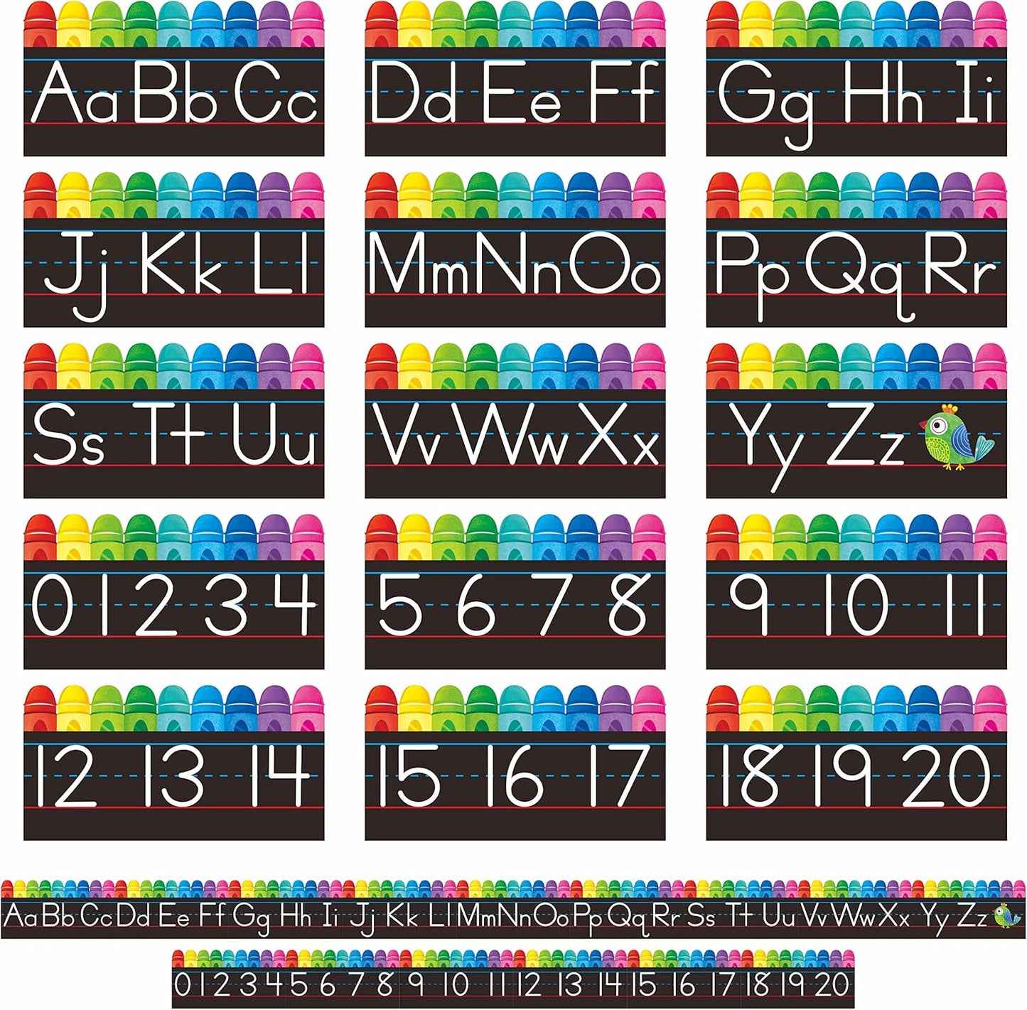 Alphabet Bulletin Board Set, 15 PCS Crayon Die-Cut ABC Wall Decorations 26 Upper & Lower Case Letters Plus 0-20 Numbers for Preschool, Kindergarten Classroom Playroom Bedroom Decorations
