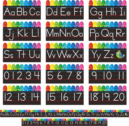 Alphabet Bulletin Board Set, 15 PCS Crayon Die-Cut ABC Wall Decorations 26 Upper & Lower Case Letters Plus 0-20 Numbers for Preschool, Kindergarten Classroom Playroom Bedroom Decorations