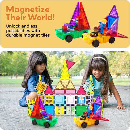 PicassoTiles 2 Piece Car Truck Construction Kit Toy Set Vehicle for Magnetic Blocks Building Tile Sensory Magnet Toys with Re-Enforced Hitch & Long Bed Educational Puzzle Girls Boys Toddlers Ages 3+