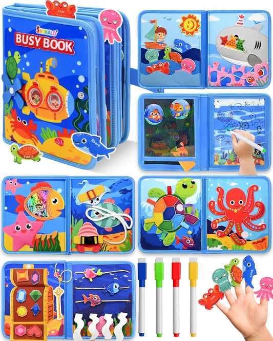 Ocean Busy Book for Toddlers 1-3, Montessori Quiet Book with Sea Animals, Fine Motor Skills Activities, Educational Travel Toy for 1 2 3 Year Old Boys Girls, Soft Felt Learning Toy for Travel