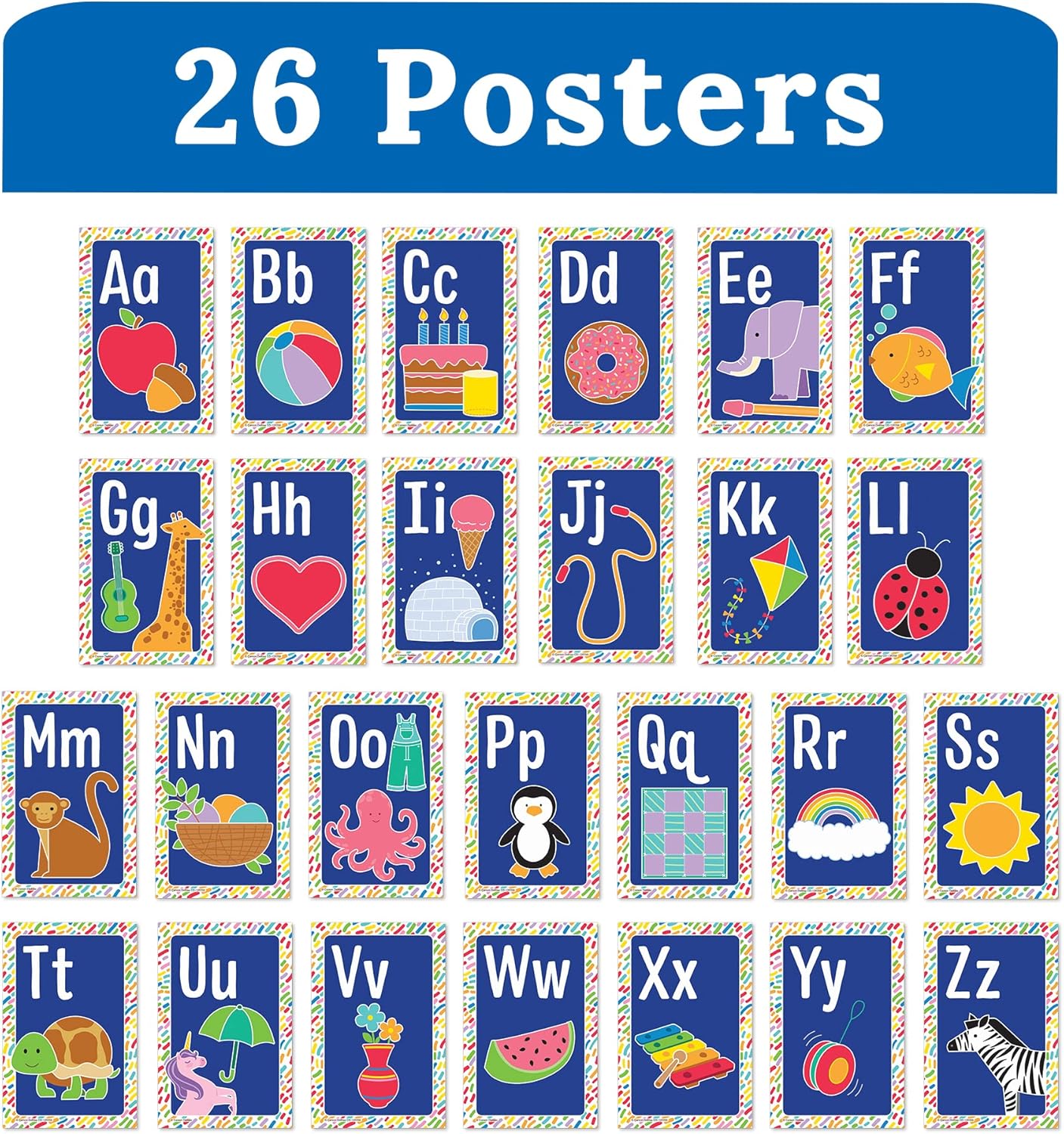 Carson Dellosa Education 26 pc Set of ABC Bulletin Board Decorations aids early learning with bright alphabet visuals and sight word images that help toddlers build strong foundational sound skills.