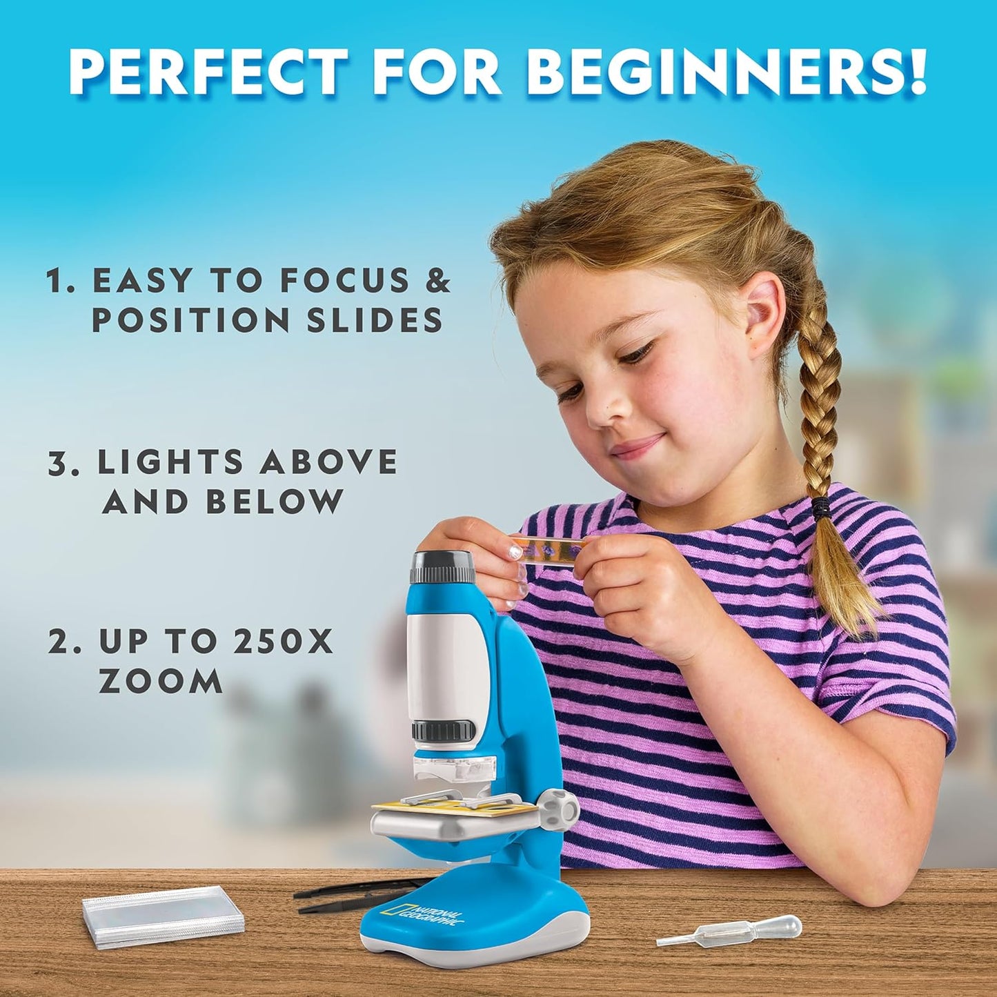 NATIONAL GEOGRAPHIC Microscope for Kids - Science Kit with an Easy-to-Use Kids Microscope, Up to 400x Zoom, Blank and Prepared Slides, Rock & Mineral Specimens, STEM Project Toy