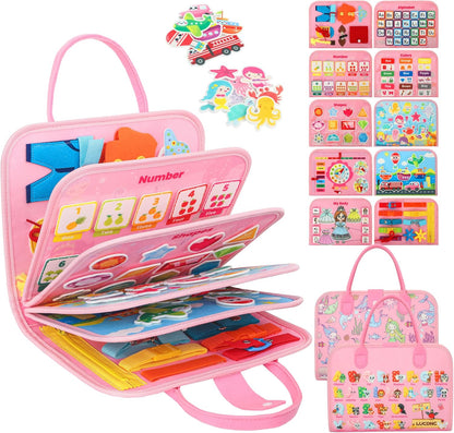 Toddler Busy Board Montessori Toys for 3 Year Old Birthday Gifts for Kids 10 Pages in 1 Soft Felt Activity Book Develop Fine Skills Educational Learning Sensory Travel Toys for Airplane Car