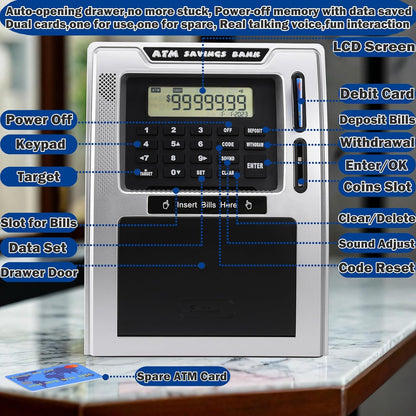 Fishboy Talking Pink ATM Piggy Bank for Kids with Dual Debit Cards, Power-Off Memory, Auto-Opening Drawer for Real Money for Girls, Onekey Shutdown, Bill Feeder, Coin Recognition, Balance Calculator
